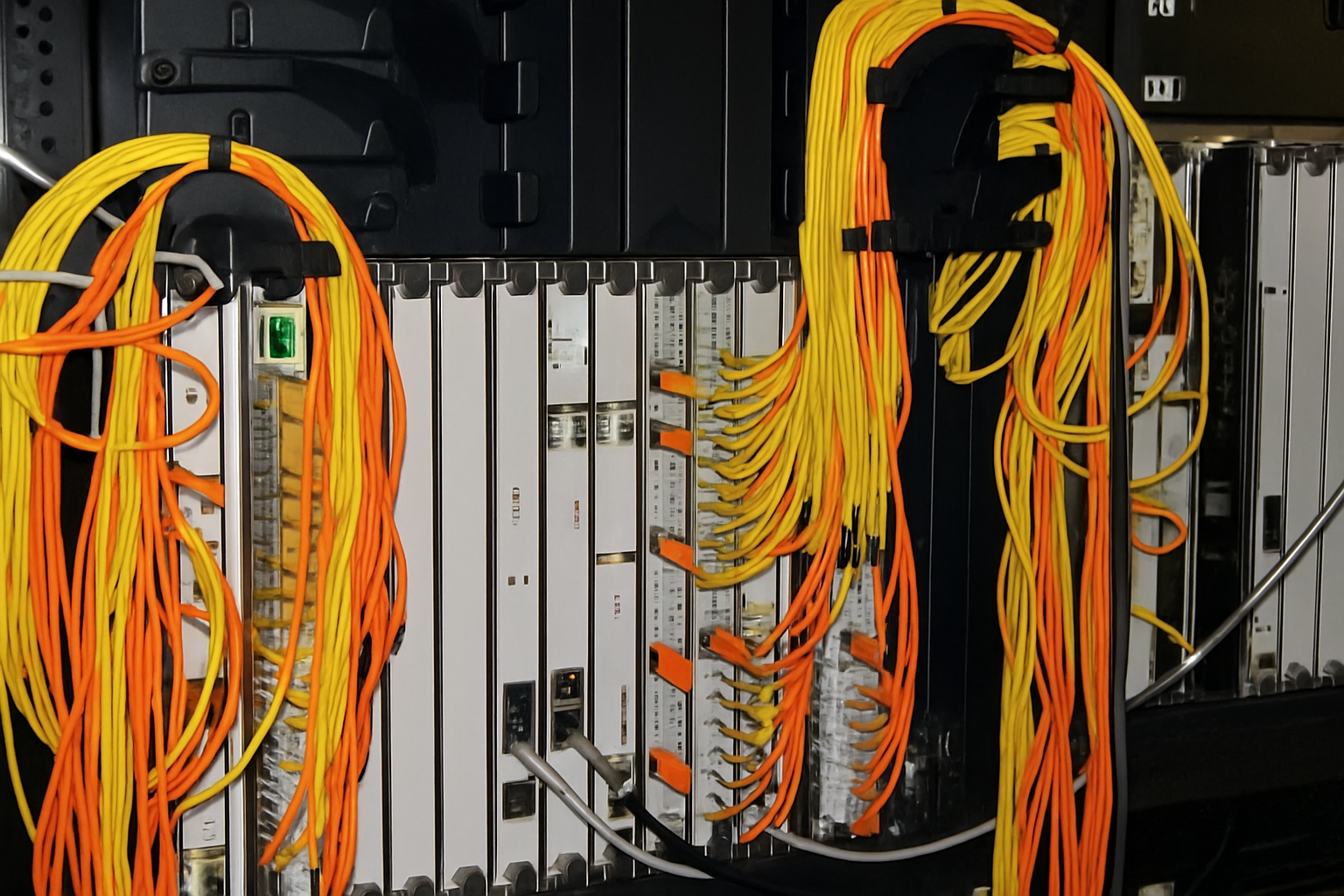 Juniper MX Series router chassis with optical fibre connections during testing and repair at Comtek Network Systems (UK) Ltd.