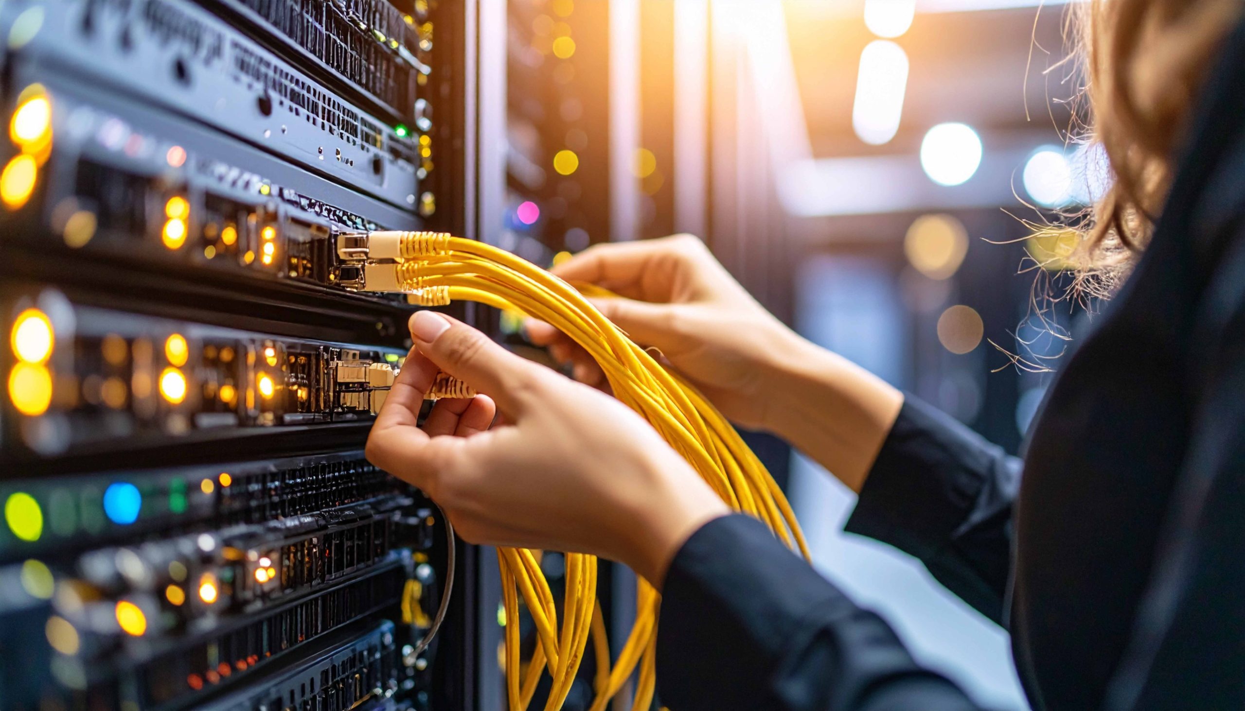 Engineer connecting fibre network cables to data-centre equipment to maintain network uptime and reliability.